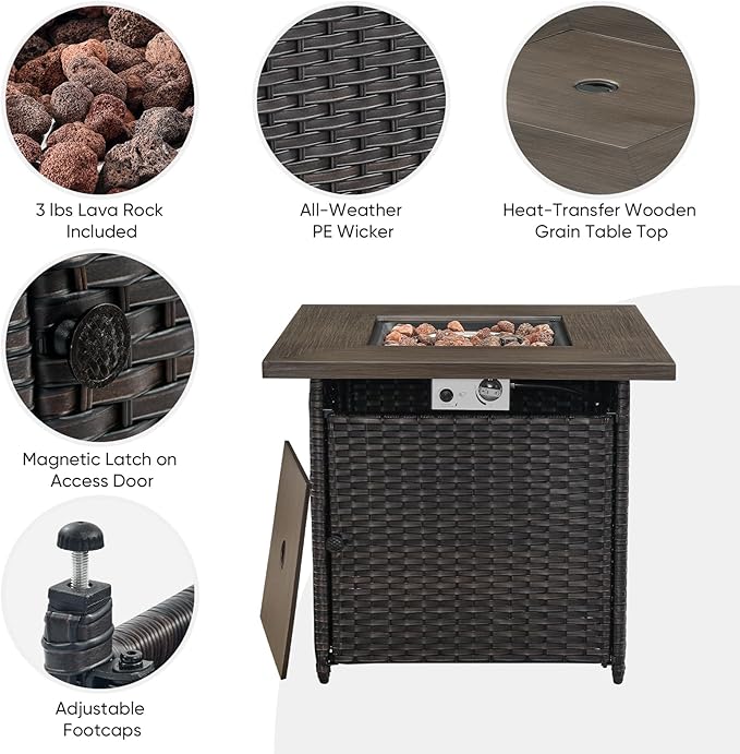 Belord Outdoor Patio Furniture Set with 50000BTU Propane Fire Pit Table, 4 Pieces Wicker Patio Conversation Set with 2 Swivel Rocker Glider Chairs Rattan Sofa Beige Cushion Perfect for Gathering