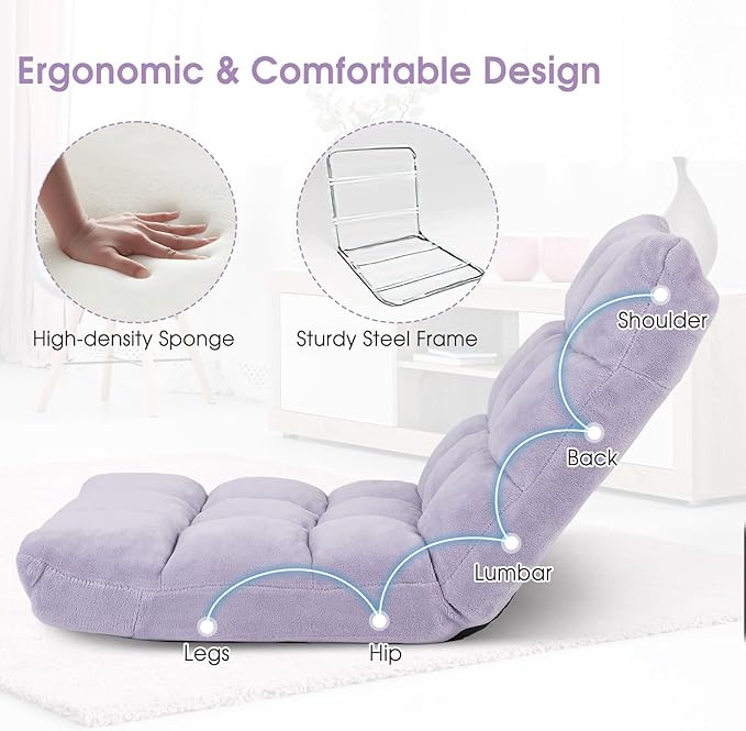 ARLIME Adjustable Floor Chair, 14-Position Lazy Sofa Chair with Back Support & Thick Padding, Portable Foldable Floor Couch for Adults, Kids, Use in Bedroom, Living Room, Home Theater (Light Purple)