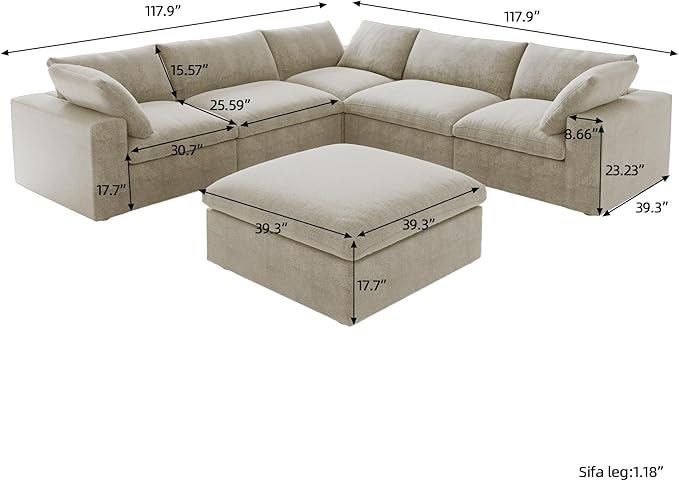 V-Shaped Cloud Sectional Couch, Modular Sectional Sofa, Modern Comfy Cloud Sofa with Storage Ottoman, Covers Removable, Convertible Sleeper Couch for Living Room Apartment (Khaki, Linen Fabric)