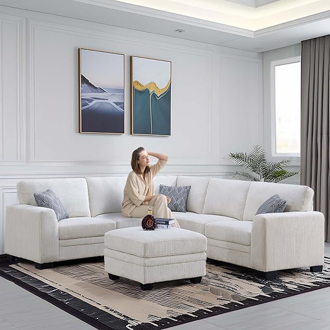 Legend Vansen Oversized Modular Sectional Sofa,6 Seat U Shaped Couch with Ottoman,Corduroy Sofa with Deep Seat,Convertible Large Sectional Couches for Living Room(Cream, L-6)