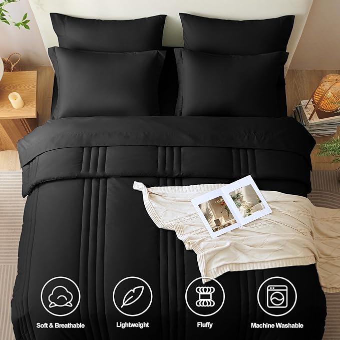 CozyLux Oversized King Comforter Set - 7 Pieces Bed in a Bag Black Comforter Set with Sheets All Seasons Bed Set, Soft Bedding Set with Down Alternative Comforter, Sheets, Pillowcases & Shams