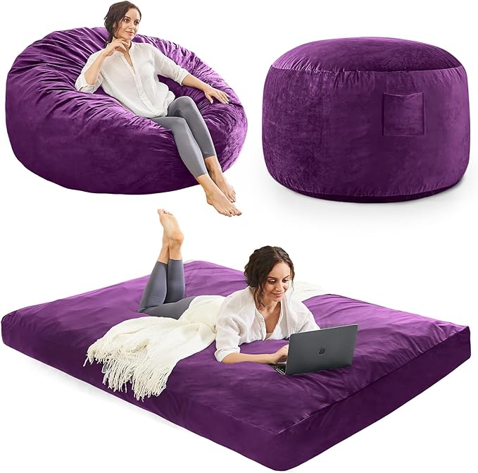 Bean Bag Chairs for Adults - Giant Bean Bag Chair Convertible Bean Bag Bed - Beanbag Chair with Micro Fiber Cover/Furniture Foam Filler - Floor Couch Sofa in Bedroom Dorm Room - Queen Purple
