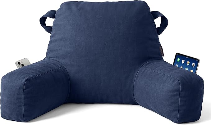 Unisakey Portable Comfy Reading Pillows for Bed Sitting Up(Royal Blue Oeko-Tex), Velvet Back Pillow with Arms & Pockets for Adults, Support Memory Foam Bed Pillow for Dorm/Reading/Watching/Gaming