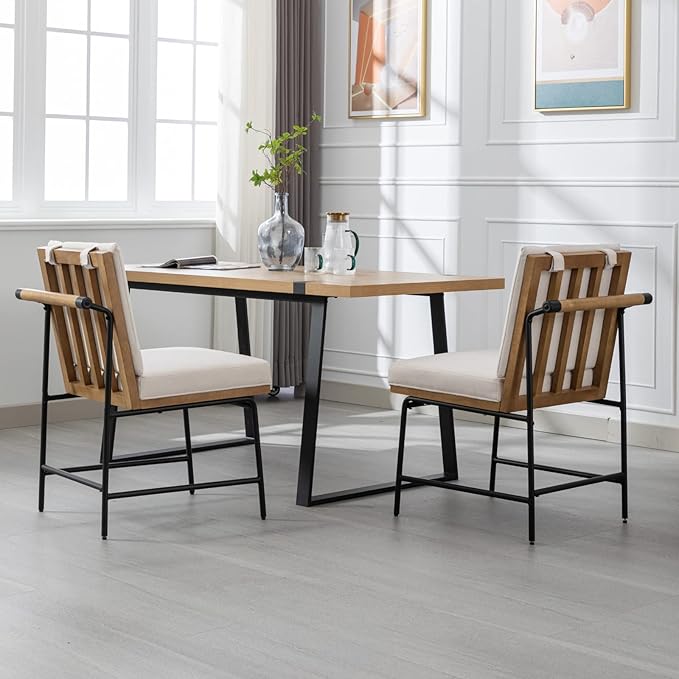 LukeAlon Linen Dining Chairs Set of 2, Upholstered Square Back Kitchen Chairs with Metal Legs Mid Century Armless Parsons Chairs with Wood Frame for Dining Room Reception Room, White