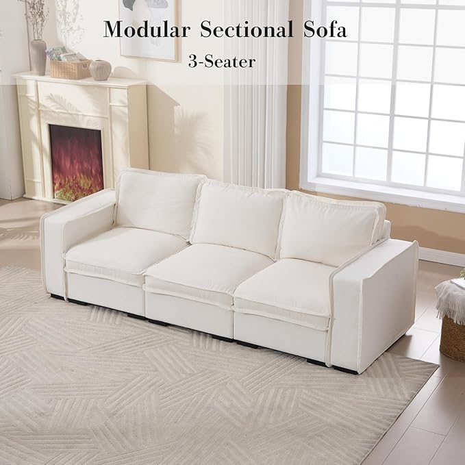 HEAY-YO 93 Inches Modern Modular Sectional Sofa,3-Seater Comfy Couch with High Density Foam and Armrests,Floor Sofa for Living Room Bedroom Apartment,Linen White