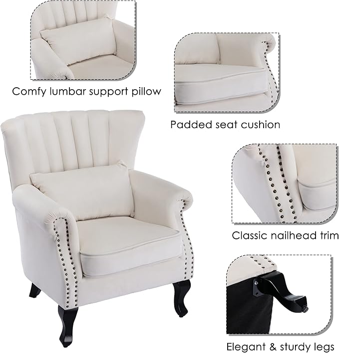 chairus Mid-Century Modern Accent Chair Comfy Single Sofa Chair Channel Back Armchair with Small Pillow for Living Roon Bedroom Club - Velvet, Cream