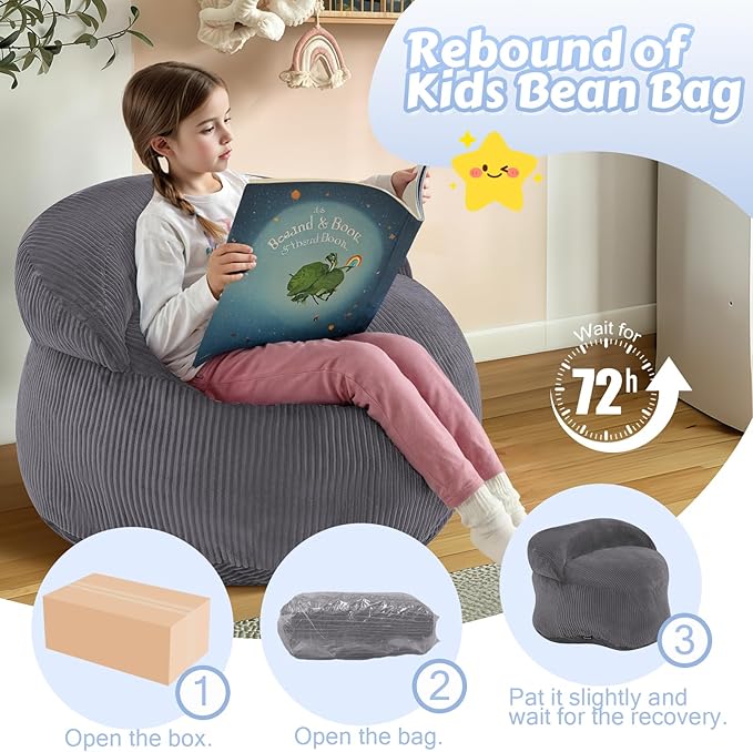 COMAX Bean Bag Chair for Kids, Convertible Toddler Beanbag Bed Corduroy, Children Bean Chair Stuffed to Floor Mattress with Filler, Grey