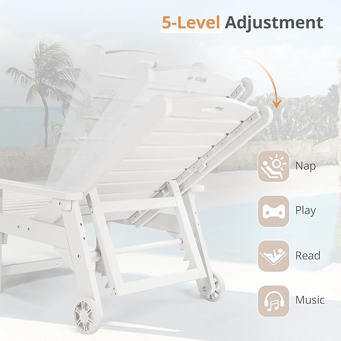 LUE BONA Chaise Lounge Chair with Table, 3-Piece, HDPS Chaise Lounger, 5 Positions Adjustable Lounge Chairs, Pool Lounge Chair with Wheels for Poolside, Backyard, White