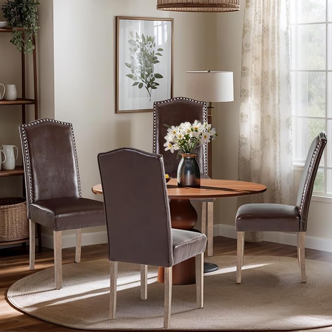 SNUGWAY Upholstered Dining Chair Stylish Parsons Kitchen High Back with Silver Nailhead Trim & Wood Legs, 2-Pack, PU Dark Brown