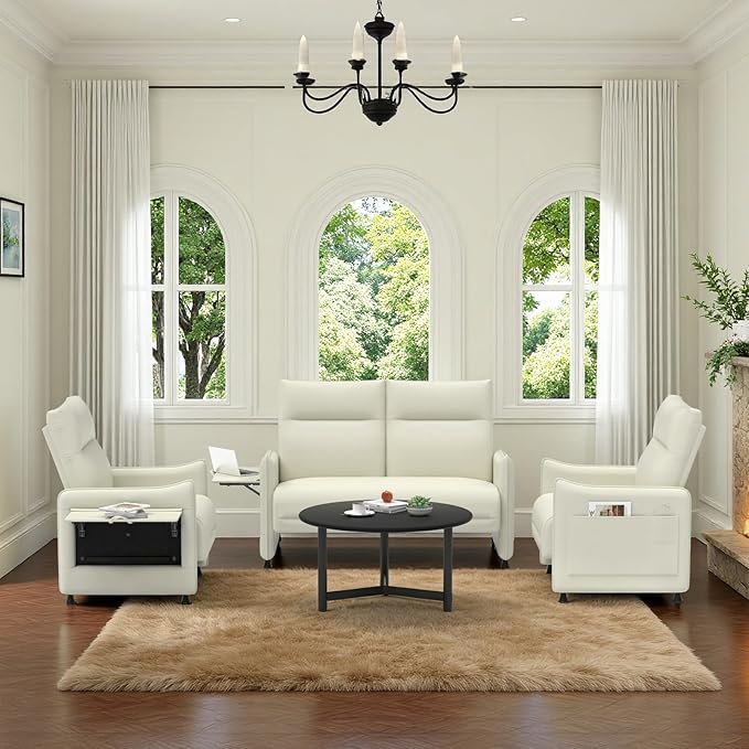 3-Piece Living Room Sofa Set, Faux Leather Loveseat & Accent Chairs Set of 2 with Hidden Foldable Tray & Side Pocket, Front Contour Arm Design, Upholstered Sofa Set for Office, Beige