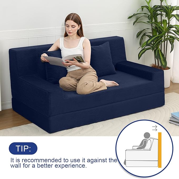 MeMoreCool Folding Sofa Bed Queen Corduroy Convertible Sleeper Chair – 2‑in‑1 Floor Sofa to Queen‑Size Bed | High‑Density Foam with Pillows | Removable Machine‑Washable Covers