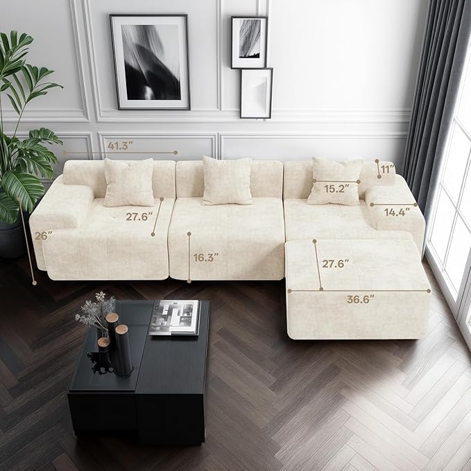 119’’ Modular Sectional Sofa Couch with Chaise, Deep Seat Cloud Couch for Living Room, Modern Chenille Upholstered Sectional with Throw Pillows, Compression Modular Sofa for Apartment Bedroom, Beige