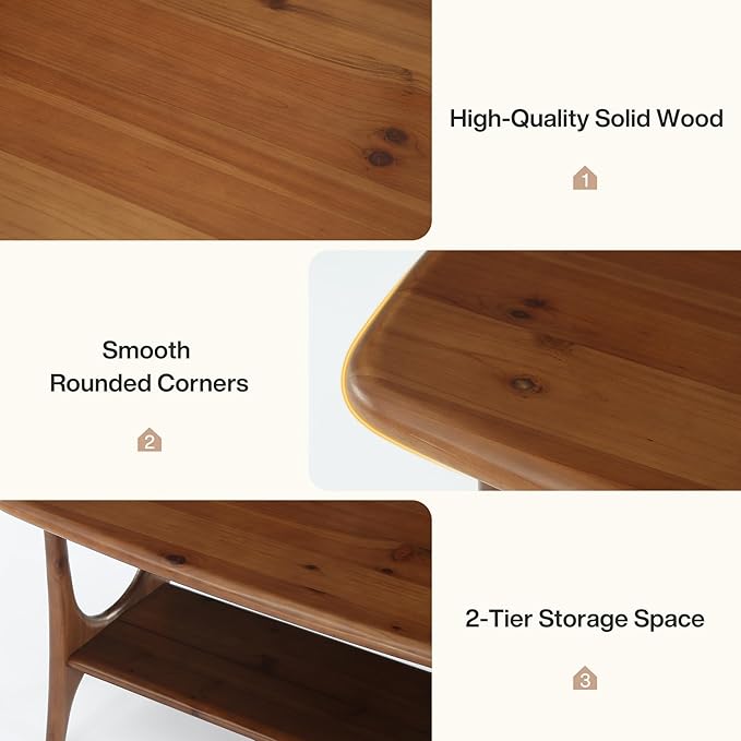 Solid Wood Coffee Table, 47.24” Mid-Century Modern Rectangle Living Room Table, 2-Tier Center Table for Living Room