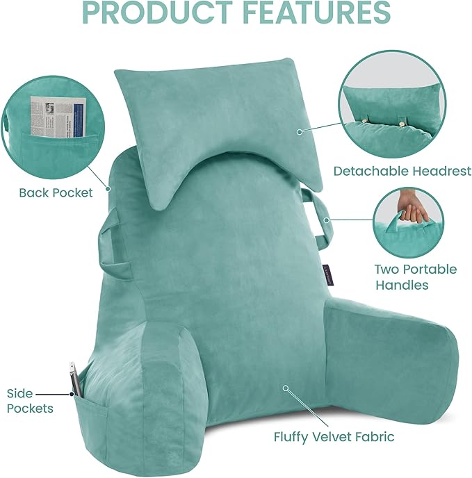 Unisakey Portable Reading Pillows with Headrest for Bed Sitting Up(Lake Blue Oeko-Tex), Velvet Back Pillow with Arms & Pockets for Adults, Support Memory Foam Bed Pillow for Dorm/Watching/Gaming