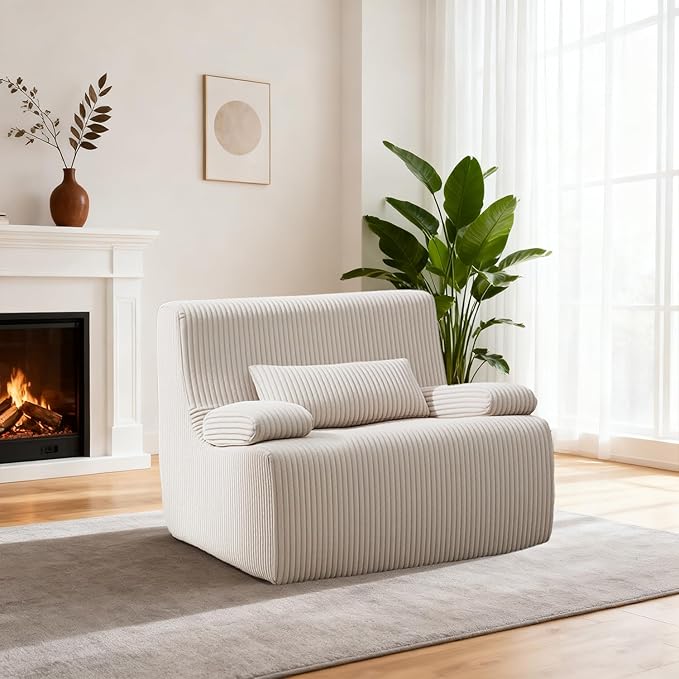 AHMED Boneless Chair, Corduroy Cloud Chair Foam Couch with Wide Armrest&Pillow, No Assembly Reading Single Sofa for Living Room/Bedroom/Apartment, Beige,Single