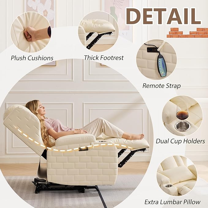 Wall Hugger Power Recliner Chair with Heat and Massage, Overstuffed Reclining Sofa Chair for Living Room Home Theater RV with 3-Side LED Lights/Cup Holders/USB & Type C Port (White)
