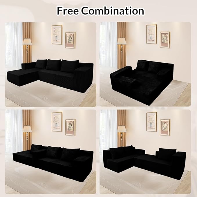 ANONER 103" L-Shaped Sofa Bed Cloud Couch, Modular Sectional Corner Sofa with Deep Seat, Modern Minimalist Boneless Couch with Chaise, Free Combination Couches for Apartment (Black)