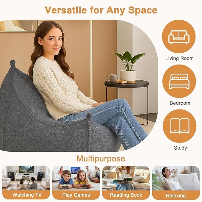 Giant Bean Bag Chair for Adults, Comfy Grey Beanbag with Filling Plush Fluffy and Back Support, Lounge Lazy Floor Sofa Accent Chair, Cozy Single Cloud Couch for Living Room, Bedroom & Dorm