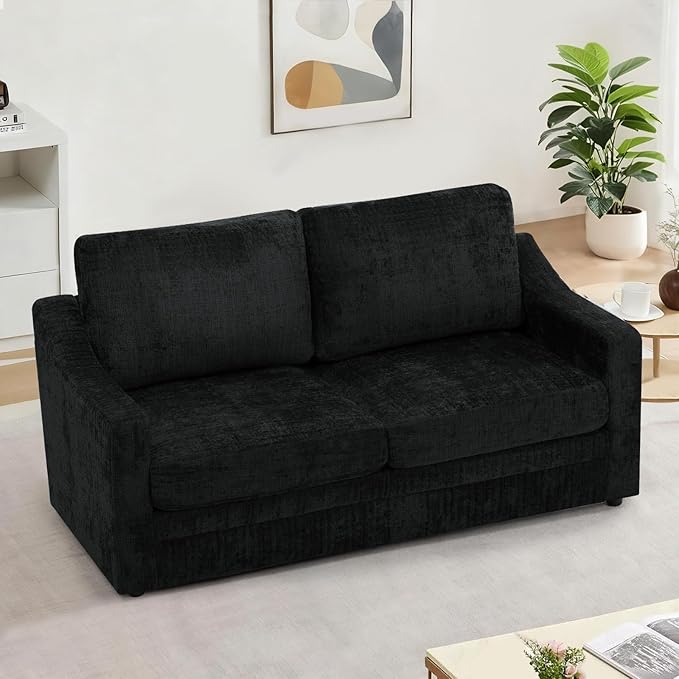 ACMEASE 67 Inches Chenille 2-Seat Sofa w/Comfortable Back Cushions, Modern Love Seat w/Deep Seat Space, Upholstered 2 Seater Couch w/High Resiliency Foam for Living Room, Office, Black