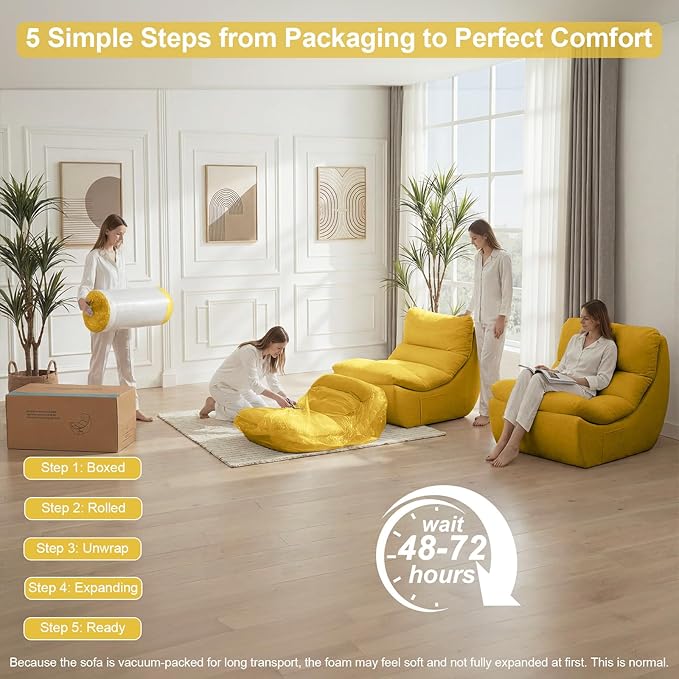 Set of 3 Bean Bag Chairs, Boneless Lounge Chair, Togo Chair Sofa, Anti Cat Scratch Fabric with Machine Washable, Beanbag Chair for Bedroom, Floor Couch Living Room, Bedroom, Reading Corner (YELLOW)