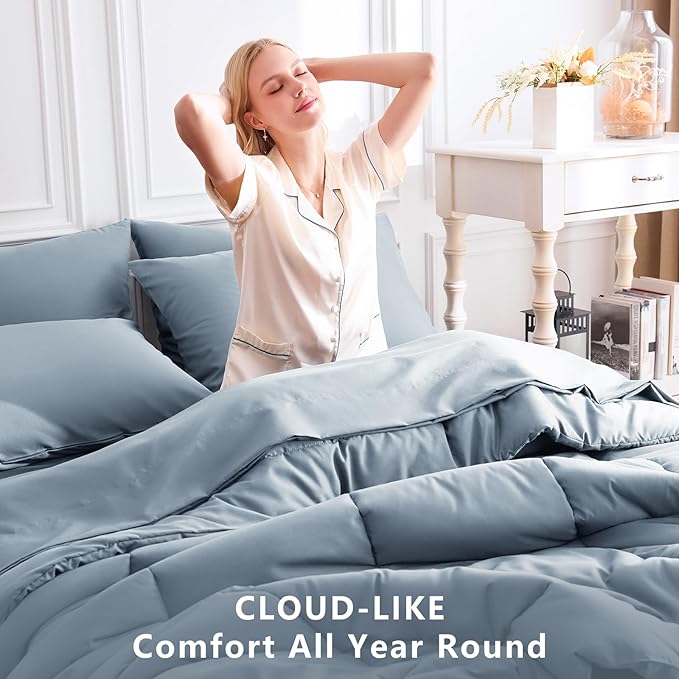 CozyLux Queen Comforter Set Grayish Blue, 7 Pieces Bed in a Bag, Blue Comforter Queen Size, All Season Bedding Sets with Stitch Quilted Comforter, Flat Sheet, Fitted Sheet, Pillowcases