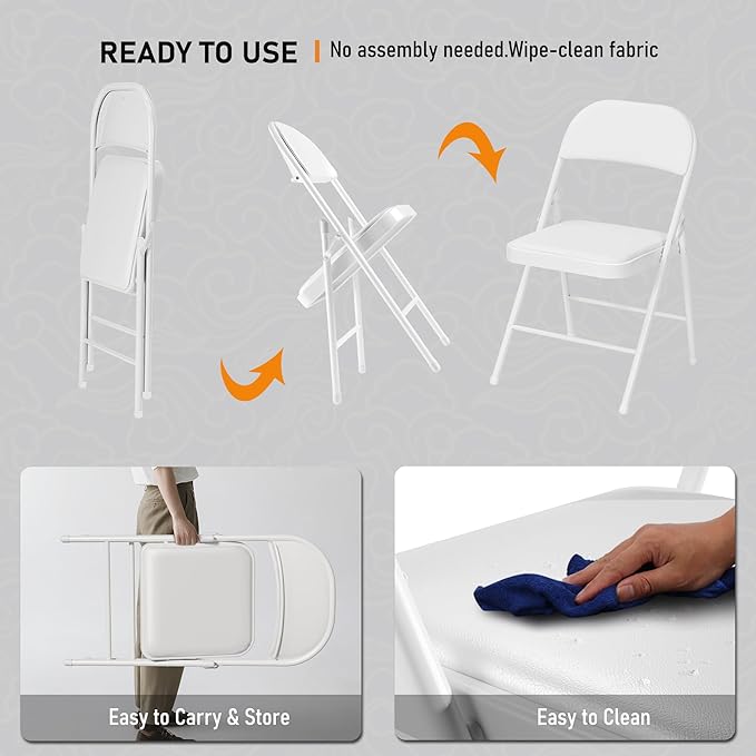 SEALAMB 16 Pack White Folding Chairs with Padded Seats & Cushion, Durable Metal Foldable Chairs for Wedding Party, Commercial Chairs for Office School Church Events, 330lb Capacity (White-PU, 16 Pack)