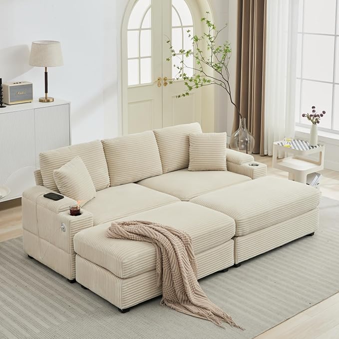 KEIKI Combination Sofa Bed Set, Indoor Chaise Lounge Sofa with Armrest Storage, Cupholders, USB, Deep Seat Sleeper Couch Reading Chairs for Living Room, Beige