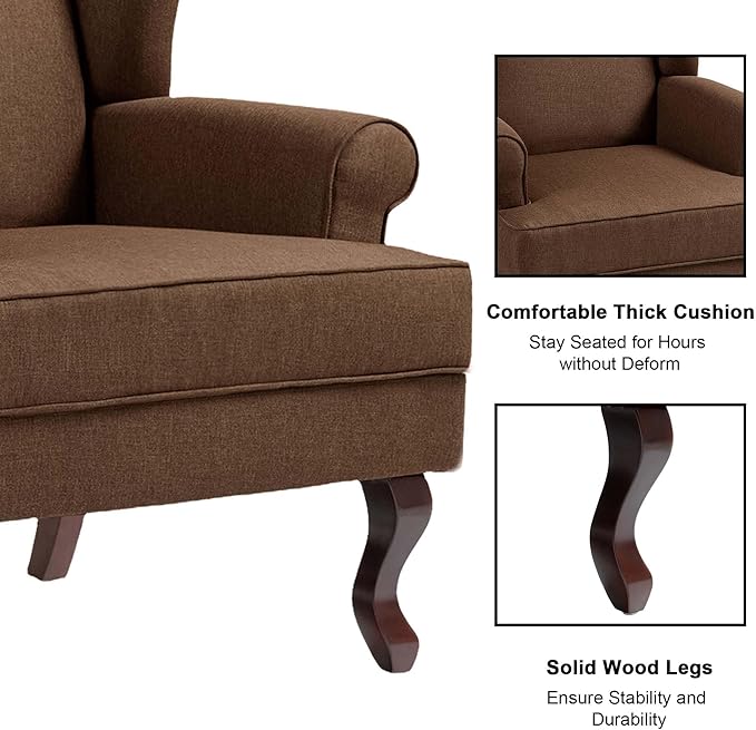 DREAMSIDEA Accent Chair, High Back Upholstered Armchair with High Resilience Sponge & Wood Legs, Mid-Century Modern Comfy Single Sofa Reading Chairs for Living Room, Bedroom - Brown, Set of 1