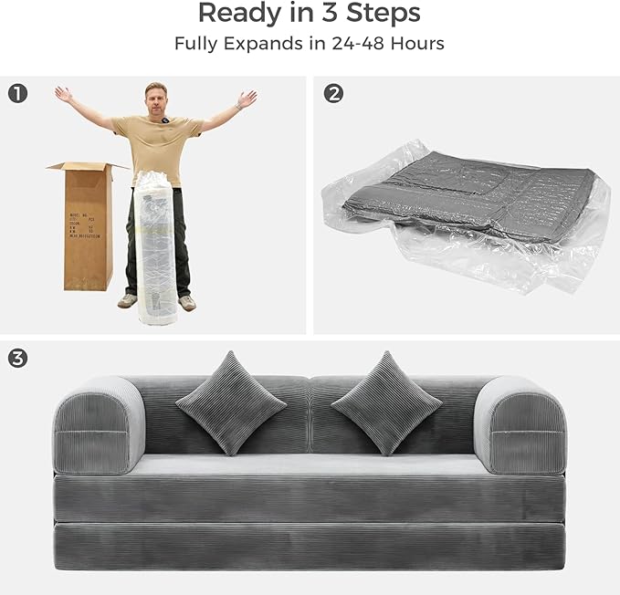 HipyMo 4-in-1 Folding Convertible Sofa Bed, 78 Inch Boneless Couch with Fixed-Shape Frame, Loveseat Sleeper with Pull Out Bed, Floor Sofa Modular Futon Couch for Living Room Bedroom Lounge (Gray)
