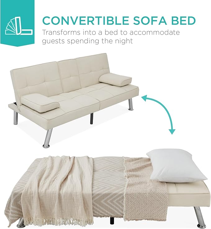 Best Choice Products Linen Modern Folding Futon, Reclining Sofa Bed for Apartment, Dorm w/Removable Armrests, 2 Cupholders - Ivory