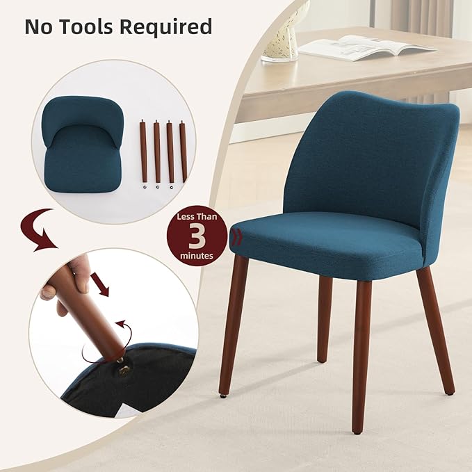 ElfinAura Dining Chair Set of 6, Linen Upholstered Dining Chair with Wood Legs, Wing Backrest, Wooden Kitchen Chair, Kitchen Chairs with Thick Cushions for Dining Room, Living Room, Blue