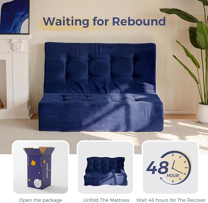 MAXYOYO Tri-Fold Mattress, 6 Inch Tufted Folding Futon Foam Bed, Foldable Floor Mattress Guest Bed Futon Topper Portable Camping Sleeping with Corded Fabric, Navy, 35.4"x75"