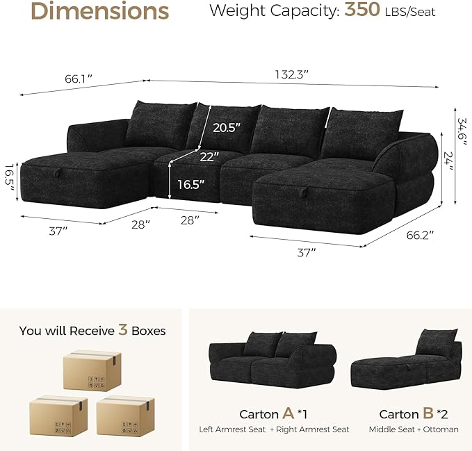 132" Modular Sectional Sofa with Deep Seat, U-Shaped Cloud Couch for Living Room, 4-Seater Boneless Sofa with 2 Ottomans, Flexible Combination Upholstery Sofa, No Assembly Required, Graphite Black