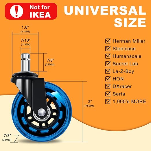 FreekyFit Office Chair Wheels for Casters Replacement - 3" Rubber Wheels for Computer Gaming Desk Caster Smooth & Safe Rolling for All Floors Including Hardwood and Carpet - Set of 5 - Blue