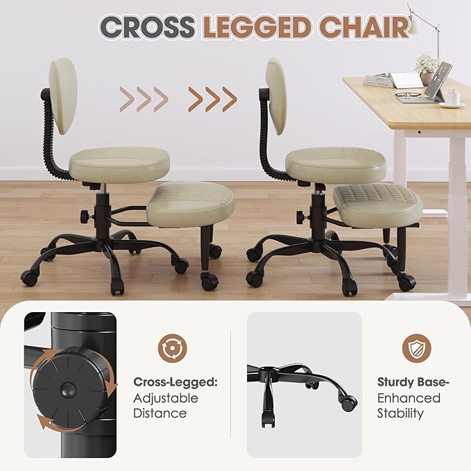 Anunweldo Cross Legged Office Chair, 360° Swivel ADHD Chairs for Adults, Height Adjustable Ergonomic Cross Legged Office Chair with Wheels, Wide Cross Legged Chair for Meditation, Yoga (Beige)