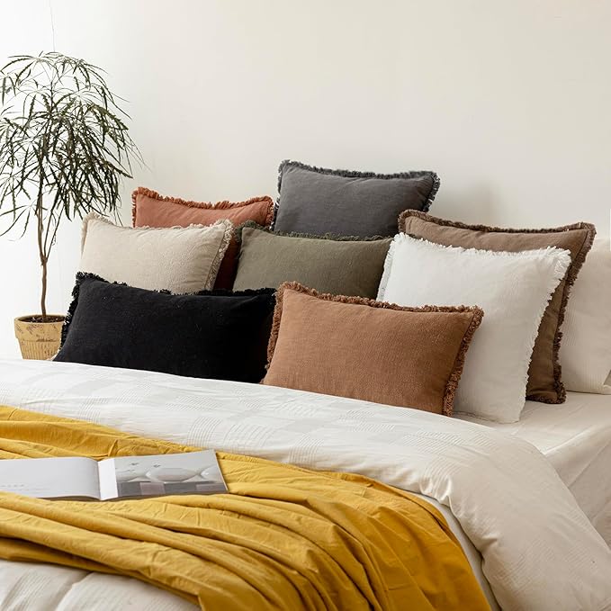 Foindtower Set of 2 Decorative Linen Fringe Throw Pillow Covers Cozy Boho Farmhouse Cushion Cover with Tassels Soft Accent Pillowcase for Couch Sofa Bed Living Room Home Decor, 22×22 Inch, Light Brown