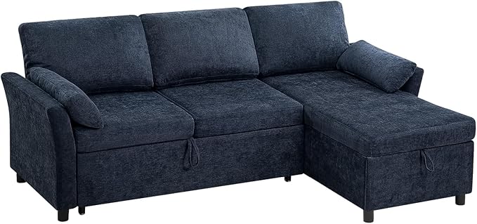 ACMEASE 83 Inches Fabric Sectional Sofa with Pull Out Sofa Bed, Modern L Shaped Sofa with Throw Pillows, Comfortable Sleeper Couch with Storage Chaise for Living Room, Blue