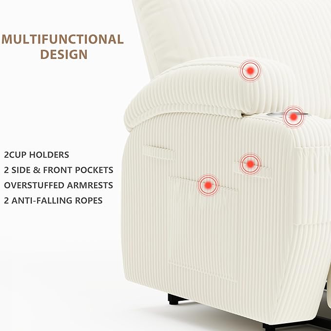 Flamaker Power Lift Chair Massage Recliner Chairs for Elderly, Corduroy Ergonomic Design with Cup Holders & Side Pockets, Remote Control (White)