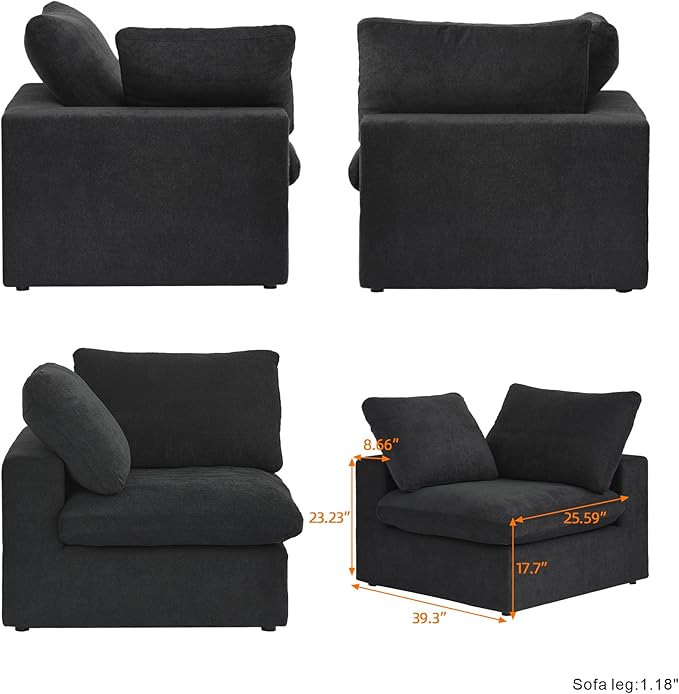 Cloud Sectional Couch, Black Modular Sectional Sofa, Modern Comfy Love Seat Sofa, Covers Removable, Convertible Sleeper Couch for Living Room Apartment (Linen Fabric)