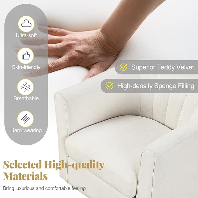 GOFLAME Accent Chair with Ottoman, Modern Teddy Velvet Barrel Chair with Footrest, Curved Backrest, Removable Seat Cushion, Upholstered Club Tub Sofa, Reading Armchair for Living Room, Bedroom, Beige