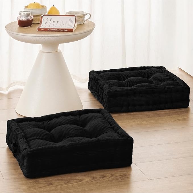 Wellsin Square Floor Pillows for Adults Kids - Meditation Floor Pillow Seating Cushion - Tufted Floor Cushion with Shredded Foam & Velvet Cover, 1 Pack, 20x20 Inch, Black