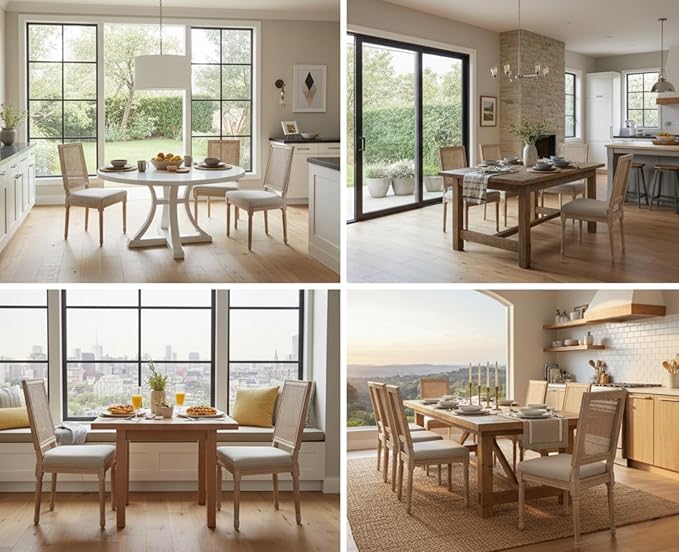 CIMOTA Farmhouse Dining Chairs Set of 8, French Rattan Dining Room Chairs with Rectangle Back/Distressed Wood Upholstered Vintage Side Chairs for Kitchen/Restaurant, Linen Beige/8PCS