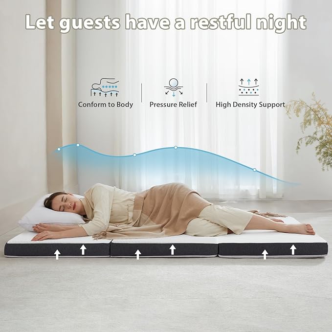 Tri Fold Memory Foam Foldable Mattress Full, 3 inch Folding Mattress for Guest Sleep. Portable Trifold Mat with Removable Washable Cover, Floor Sleeping Mat for Adult and Kid