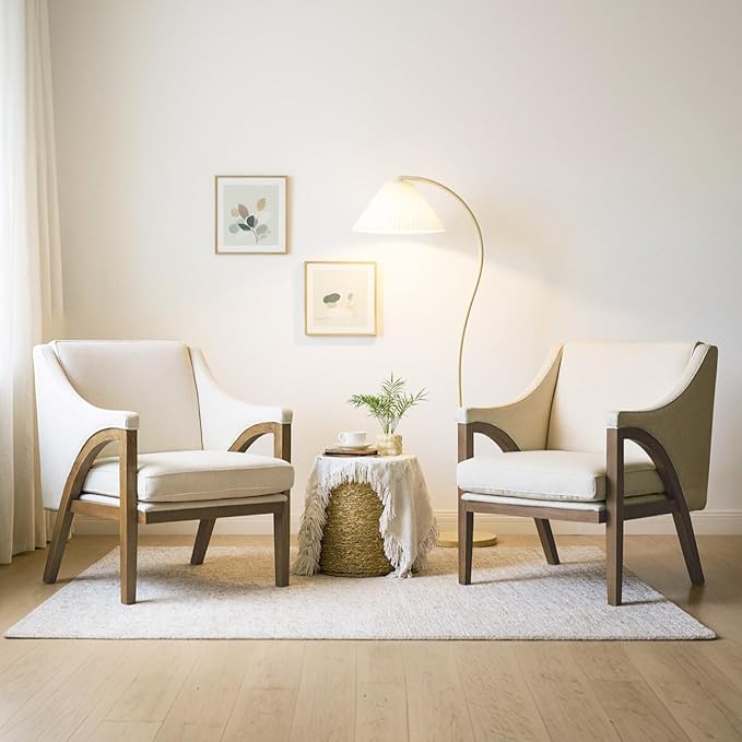 CIMOTA Mid Century Modern Accent Chairs Set of 2 with Barrel Back, Upholstered Armchair Comfy Reading Chairs with High-Rebound Foam Seat, Solid Wood Legs for Living Room/Bedroom, Linen Fabric, Beige