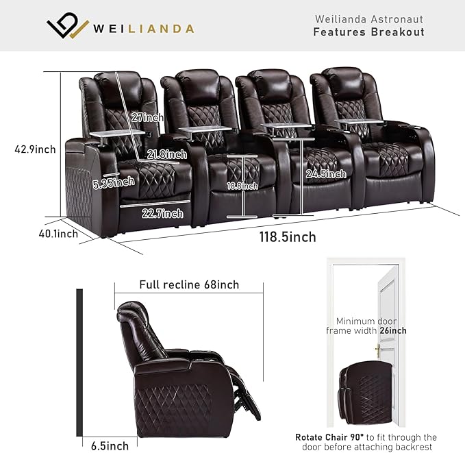 Weilianda Home Theater Seating Top Grain Leather Zero Gravity Recliner Chair Power Headrest Recline Movie Seat Gaming 7 Colors Mood Light Sofa with Tray Table USB Charge Row of 4 Brown