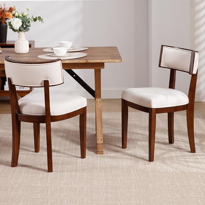 DM Furniture Dining Chairs Set of 2 Linen Fabric Upholstered Dining Room Chairs with Curved Backrest Mid Century Modern Farmhouse Kitchen Chair Solid Wood Side Chairs for Living Room/Restaurant