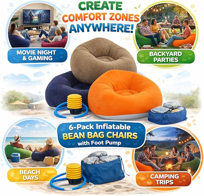 DYRABREST 6 Pcs Bean Bag Chairs for Adults, Inflatable Chairs with Air Pump, Folding Blow Up Couch, Flocking Portable Lazy Sofa for Movie Night, Living Room, Camping, 331 lbs Load-Bearing Capacity