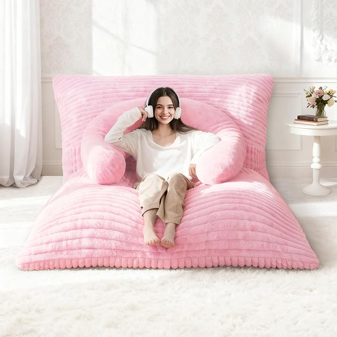 Homguava Giant Bean Bag Chair for Adults with Pillow, 4 in 1 Convertible Floor Cushion for Adluts, Memory Foamed Bean Bag Lounger with Washable Cover for Living Room, Bedroom