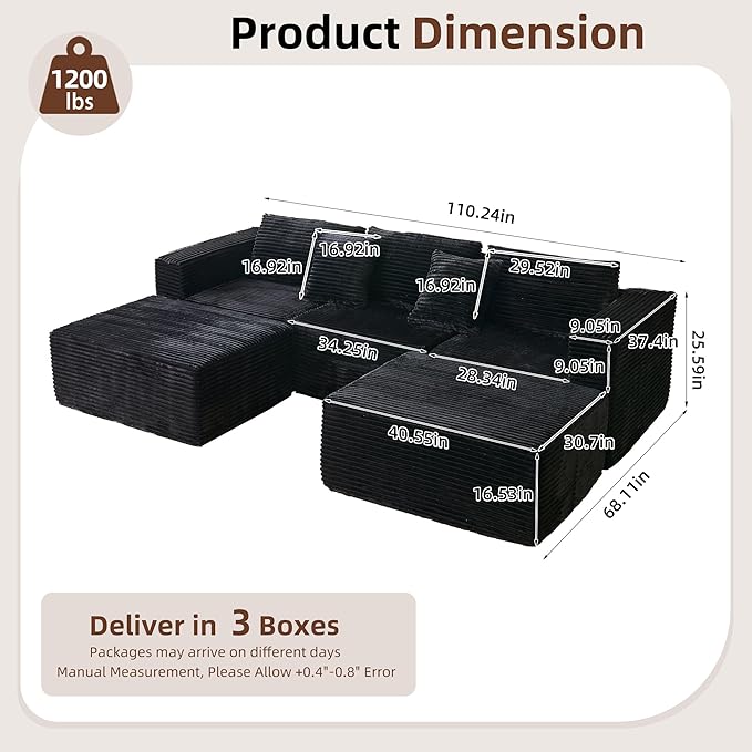 110" Modular Sectional Couch with 2 Movable Ottoman, Cloud Sofa Couches for Living Room, U Shaped Deep Seat Boneless Sofa,Luxury Corduroy Fabric, No Assembly Required