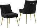 WUTUTUEE Velvet Dining Chairs Set of 2 Gold Legs,Upholstered Velvet Accent Chairs, Pleated Back Design & Gold Pull Handle, Mid Century Modern Chairs for Dining/Kitchen/Living Room,Black